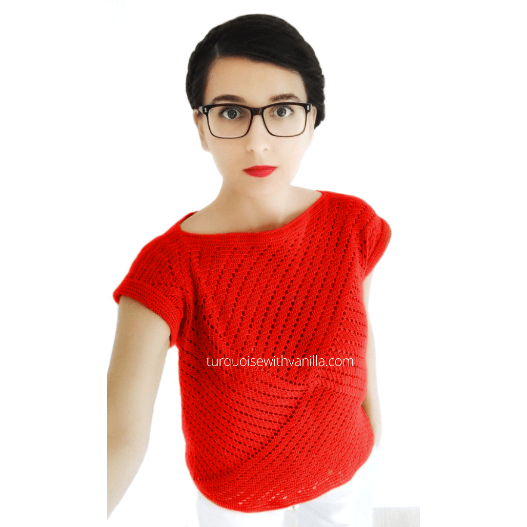 First Love Full Size Contrast Wavy Crochet Drop Shoulder Knit Top